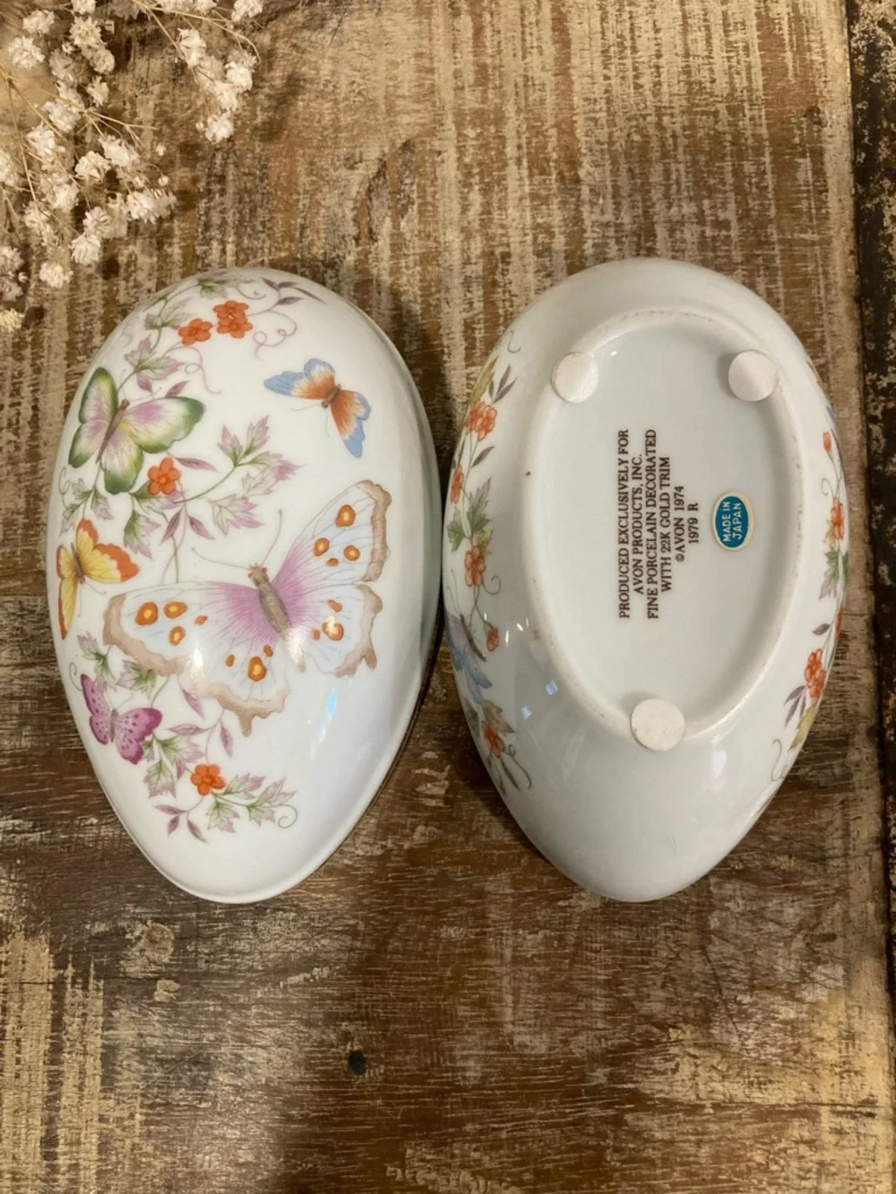1970s Avon Butterfly Floral Porcelain Egg Shaped Trinket Box with 22K Gold Trim